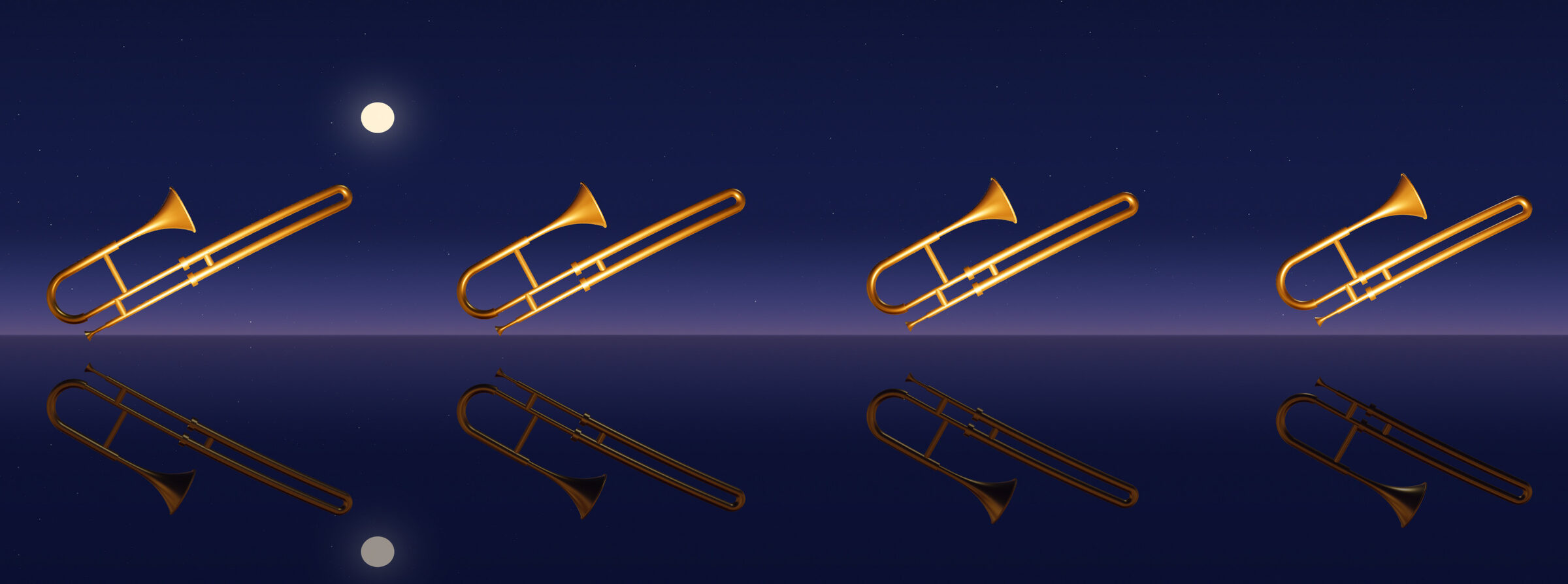 Brass trombones floating over a still lake at night, under a low moon, mirrored in the water