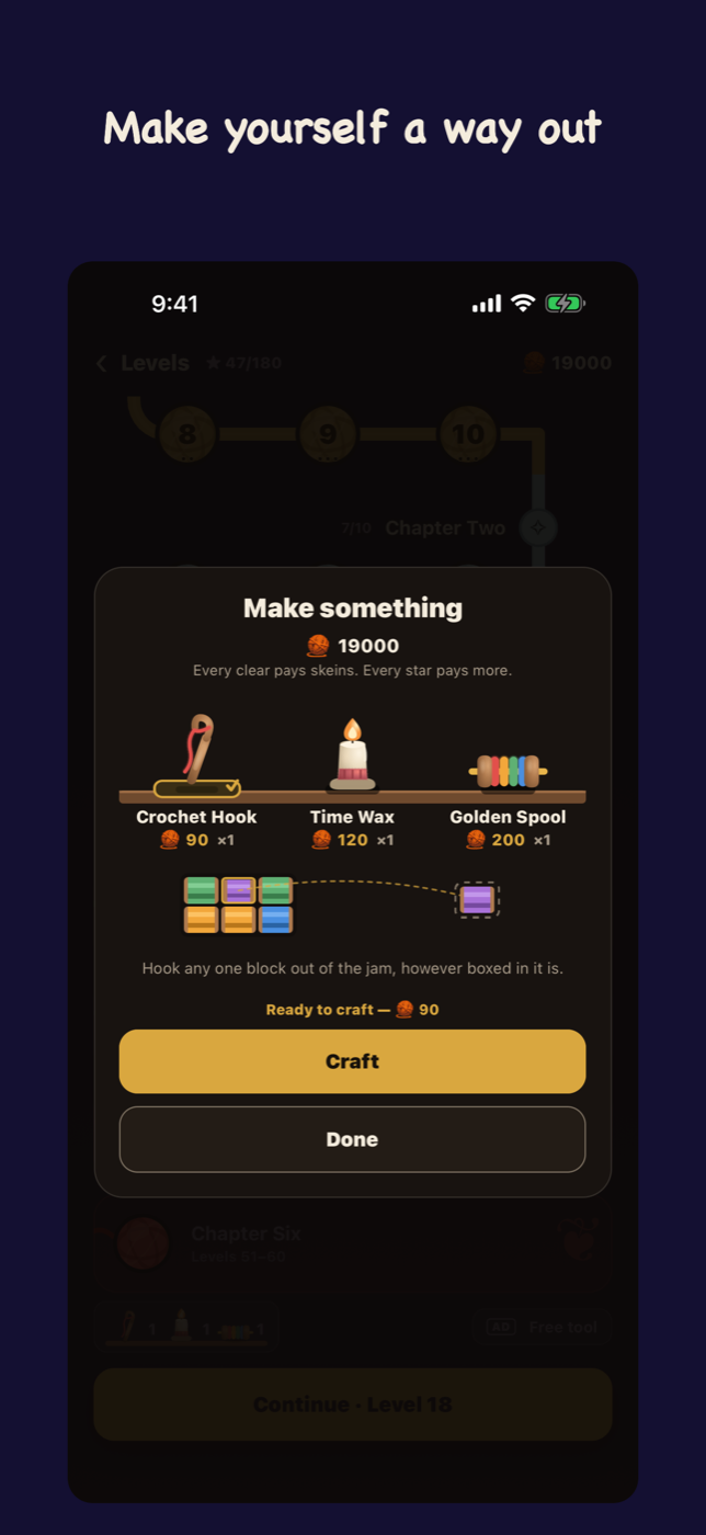 The crafting bench between levels, with skeins and powerup recipes.