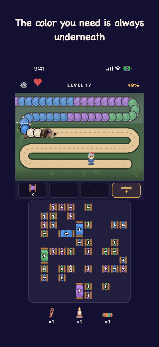 Yarn Story gameplay: a knitted creature winding along a track above a grid of coloured blocks.
