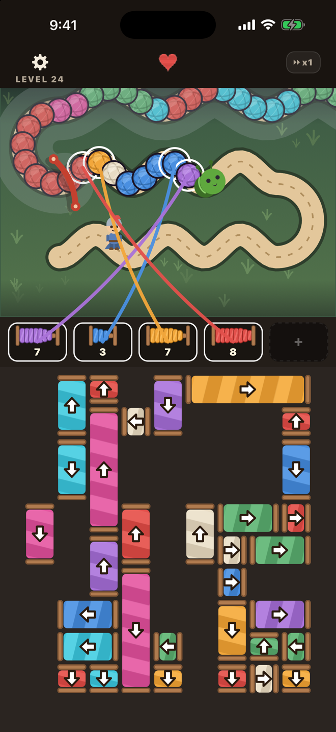Yarn Story in play: a knitted creature winding along a road above a dense grid of coloured blocks, four threads pulling at once.