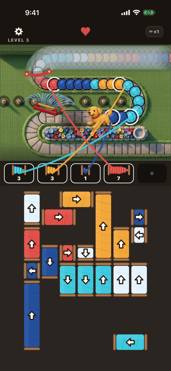 Off Leash in play: a knitted golden retriever on a lawn at the end of its leash, above a grid of coloured blocks, four threads pulling at once.